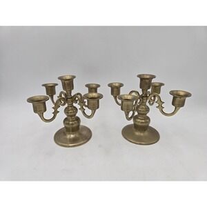 Vintage Brass Candelabra Pair 5 Arm Candle Holder Set 2 Ornate Candlestick 7.5"